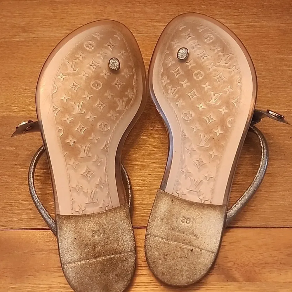 Authentic Louis Vuitton Silver Jelly BOW Flip Flop Sandals Shoes size 36